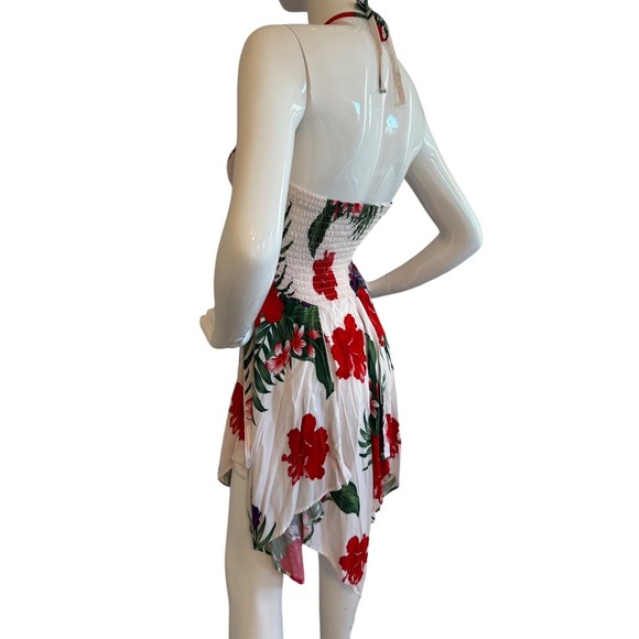 Aloha Fashion Hawaiian Smocked Halter Pixie Dress One Size White Red Floral - Picture 10 of 13